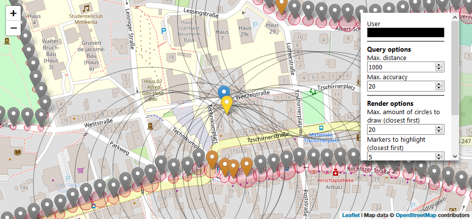 Web interface showing estimated and real location in real-life test close nearby